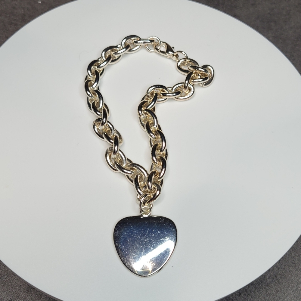 Chunky Extra Long Silver Tone Bracelet w/Charm